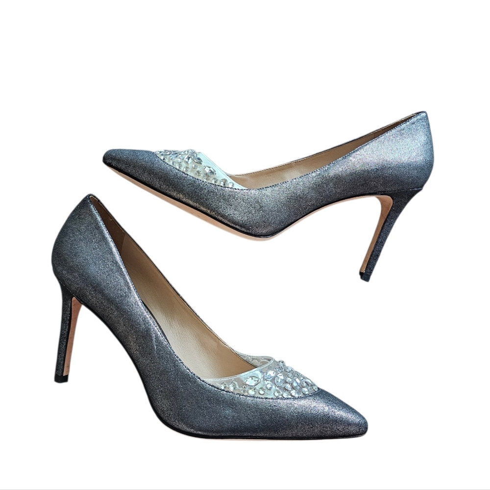 Tory Burch Delphine Pewter & Jewel Embellished Crystal Pump Heels Size 10 - Picture 3 of 11